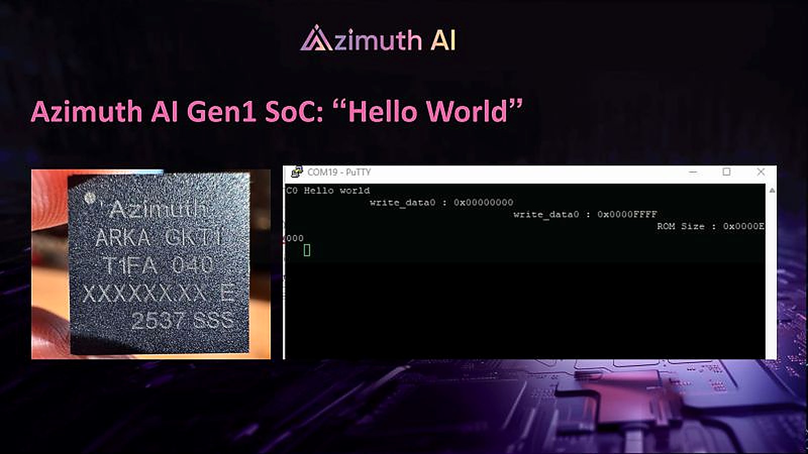 Azimuth AI ARKA-GKT1 first-generation SoC Hello World milestone