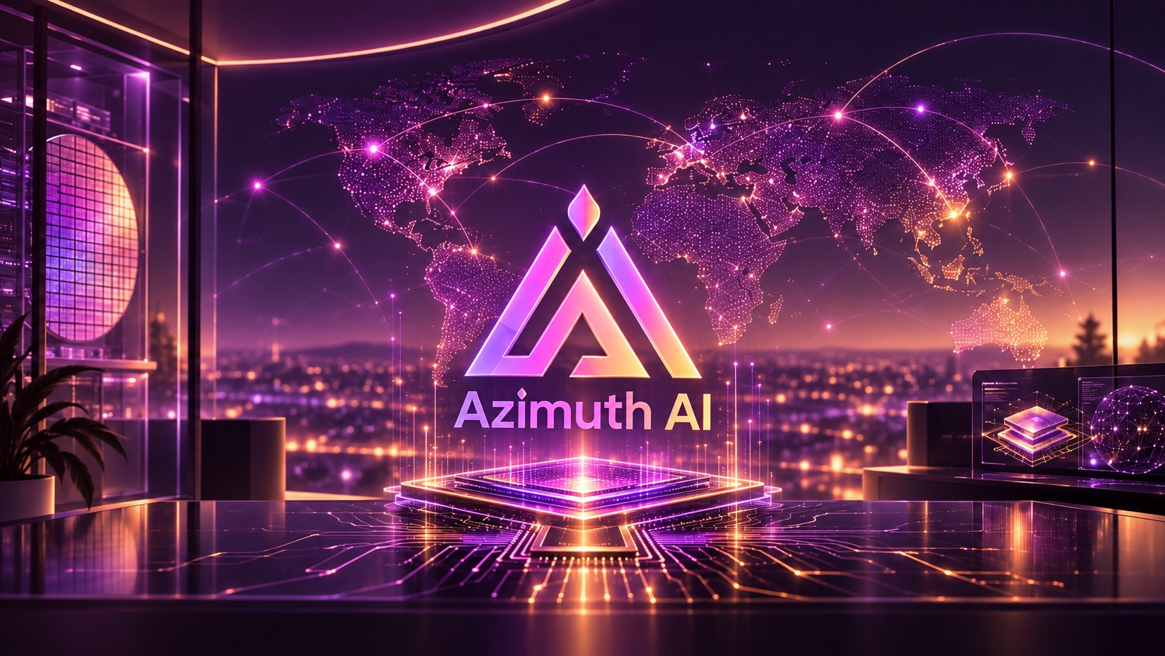 Premium Azimuth AI contact visual with global semiconductor partnership theme