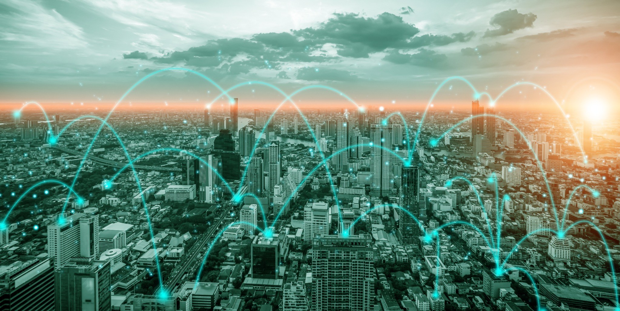 Connected urban infrastructure visualizing distributed digital networks