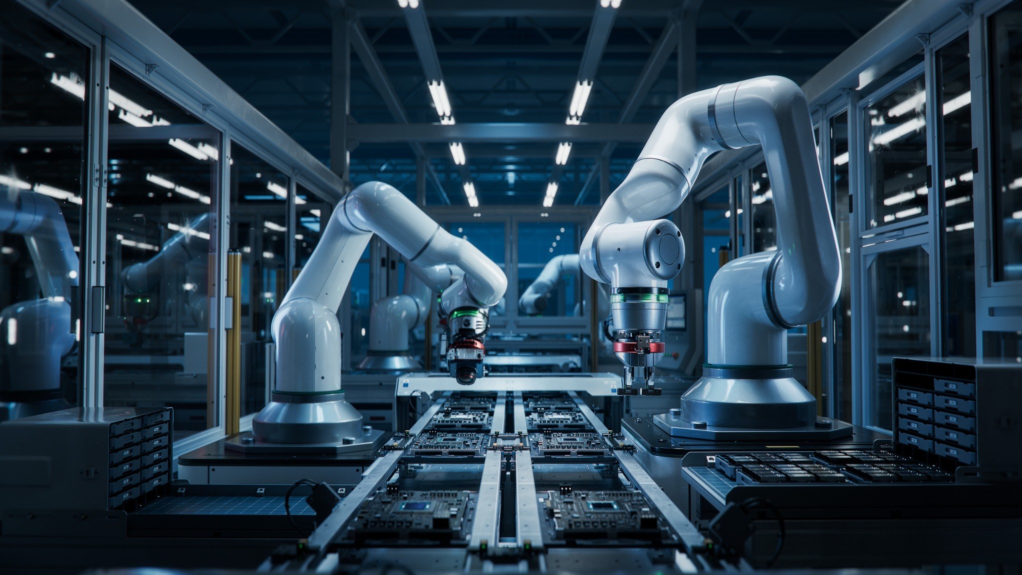 Robotic arms operating an automated electronics and PCB assembly line