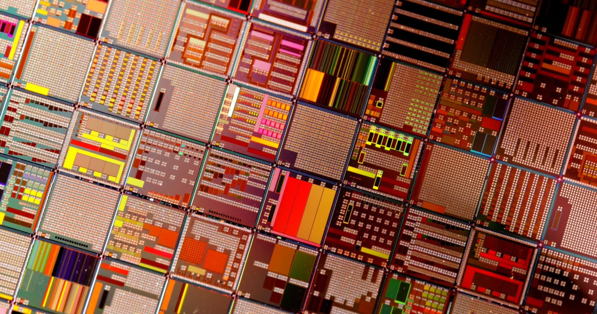Macro view of semiconductor die structures and integrated-circuit patterns